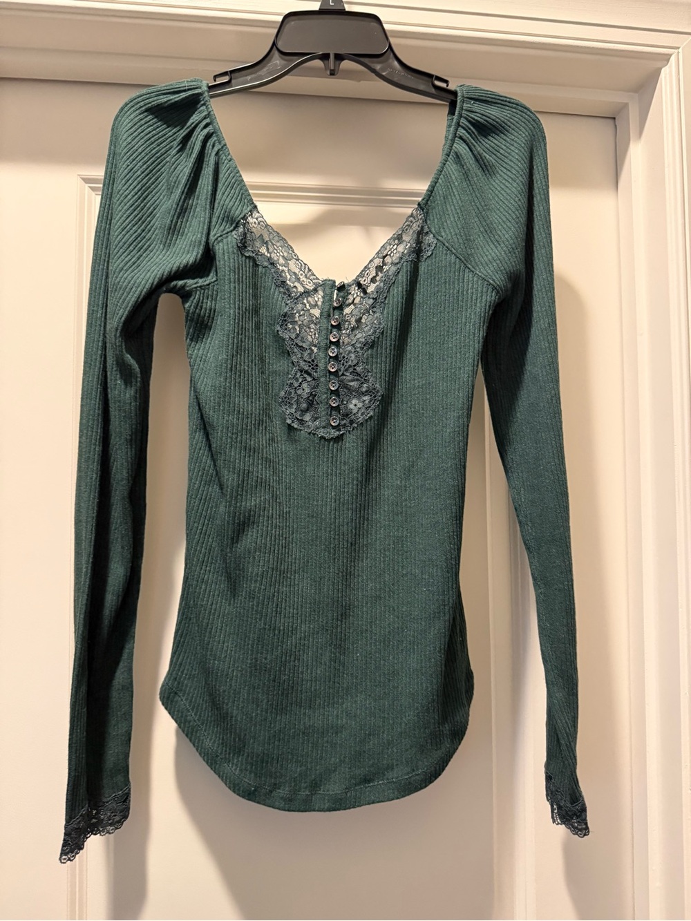 Free People Ribbed Lace-Trim Long Sleeve Top in Green